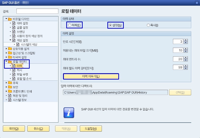 SAP GUI 옵션 창의 로컬 데이터 이력 화면 — 해제/설정 라디오 버튼과 이력 지우기 버튼
