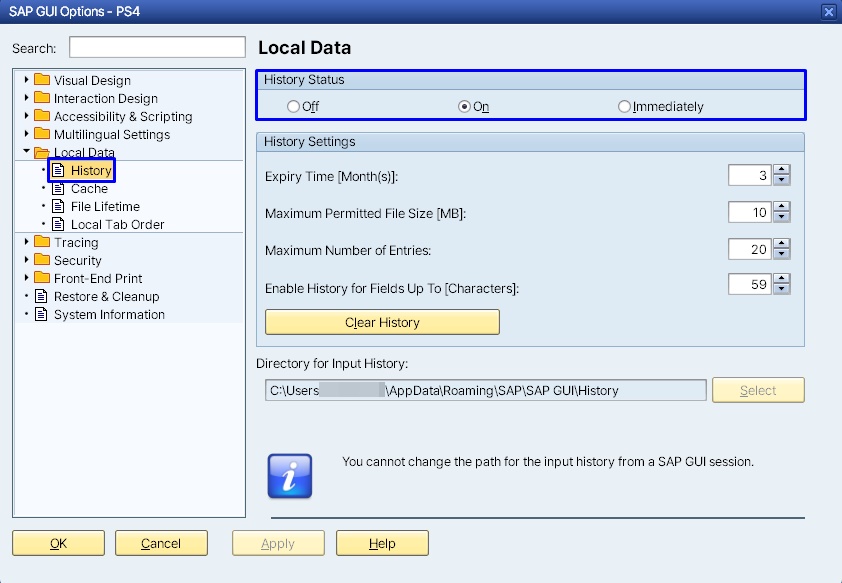 SAP GUI Options window, Local Data History screen — Off/On radio buttons and the Delete History button