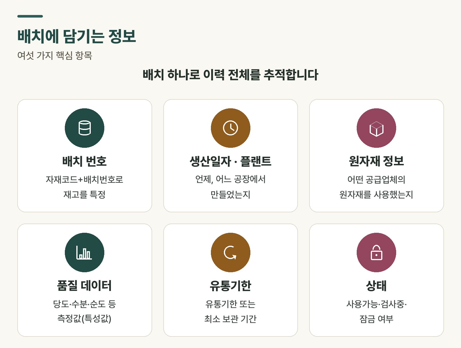SAP 배치 관리 개념도 — 동일 자재에 복수의 배치가 생성되고, 각 배치별로 이력 정보가 관리되는 구조
