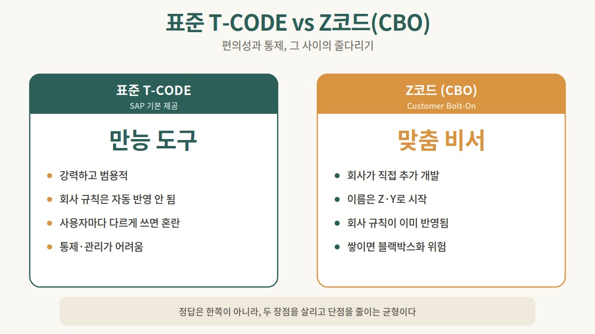 표준 T-CODE와 Z코드(CBO)의 성격을 비교한 도식
