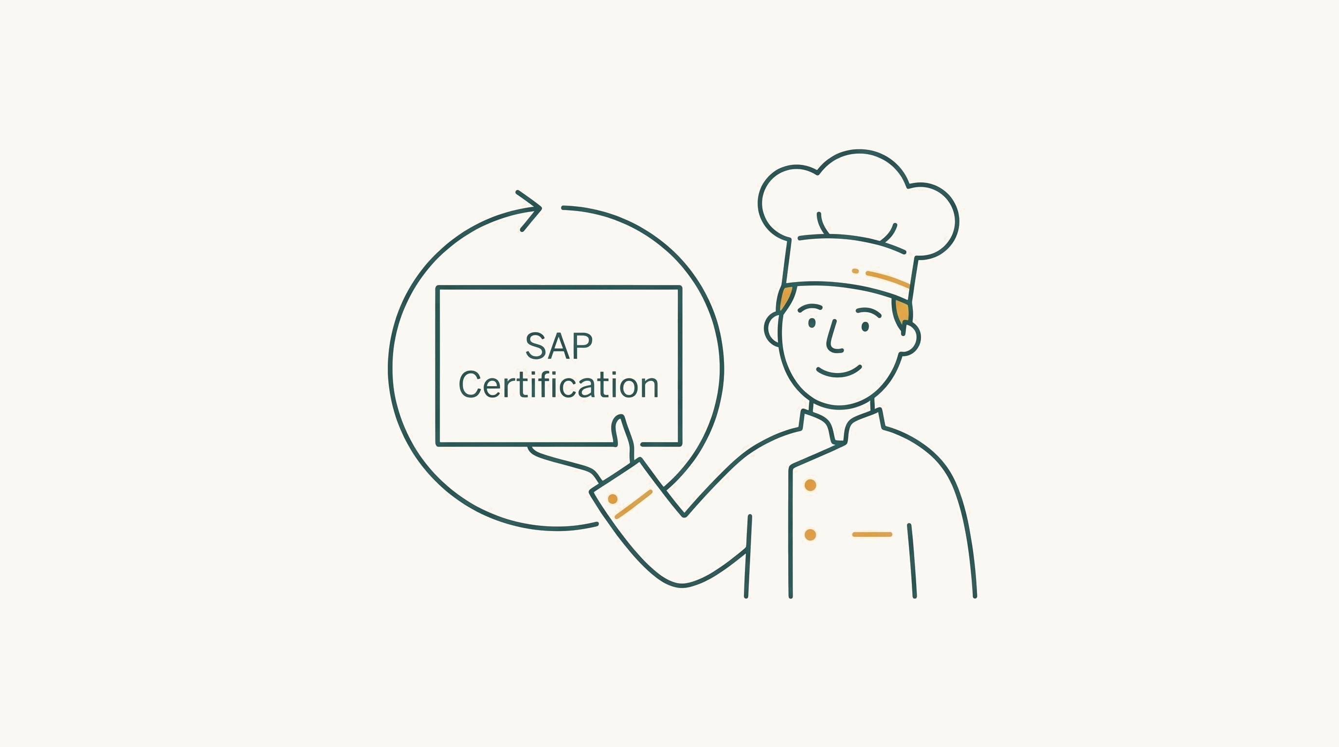 SAP 자격증을 매년 갱신하는 멤버십에 비유한 일러스트, 요리사가 SAP Certification 자격증을 들고 있는 모습