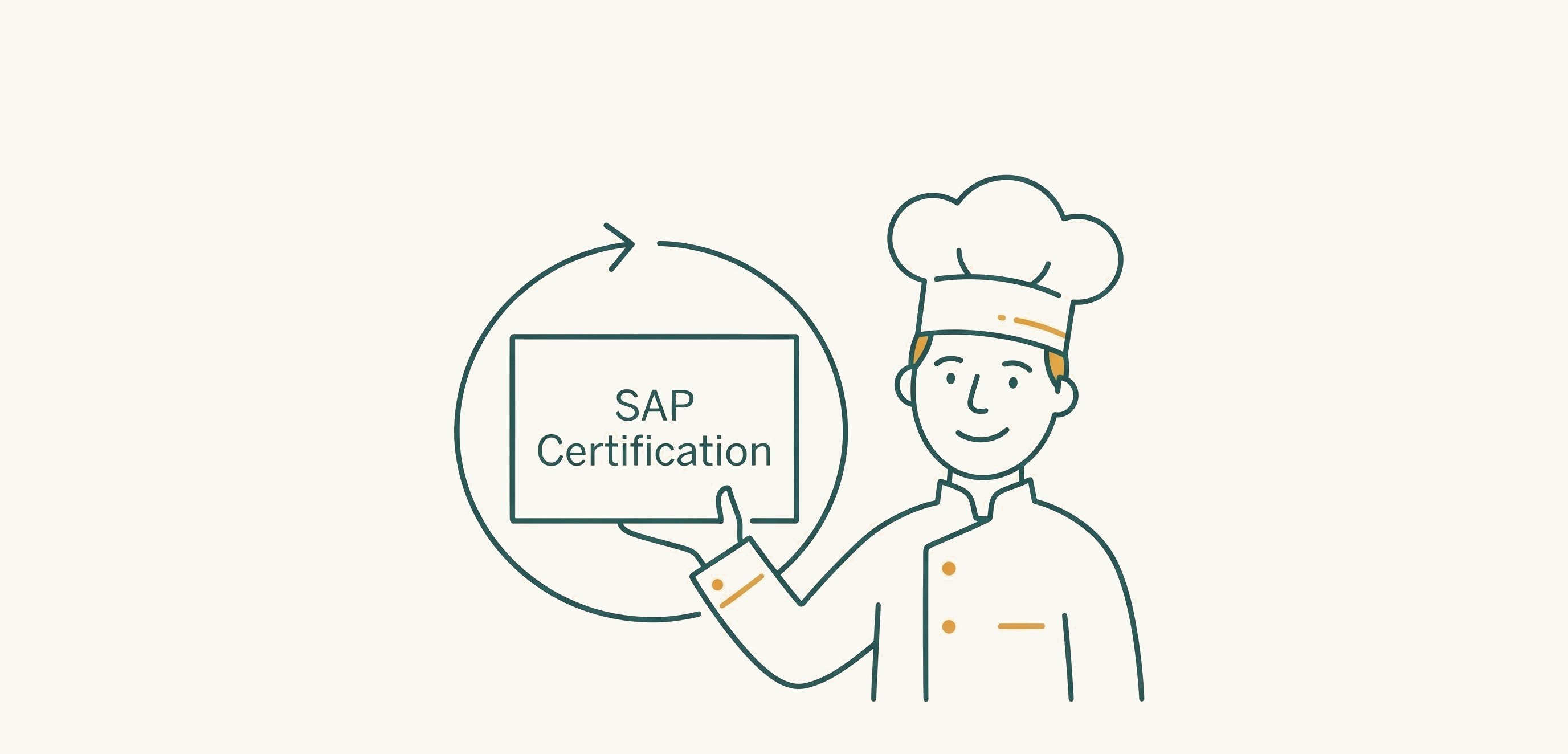 SAP 자격증을 매년 갱신하는 멤버십에 비유한 일러스트, 요리사가 SAP Certification 자격증을 들고 있는 모습
