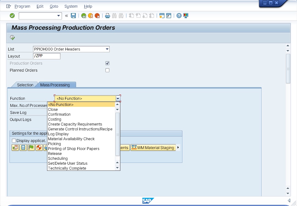 SAP dropdown list showing item names only (default state)