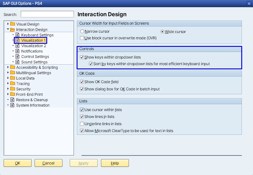 SAP GUI Options window — the "Show Keys in All Dropdown Lists" checkbox under Interaction Design → Visualization 1