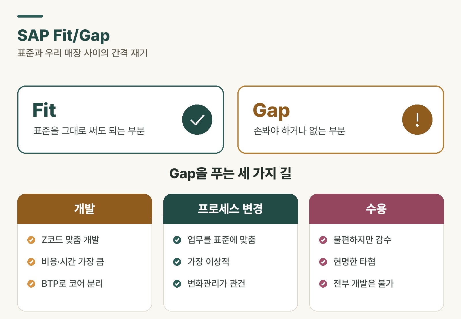 Fit와 Gap의 구분, 그리고 Gap을 개발·프로세스 변경·수용으로 푸는 세 가지 길을 정리한 도식