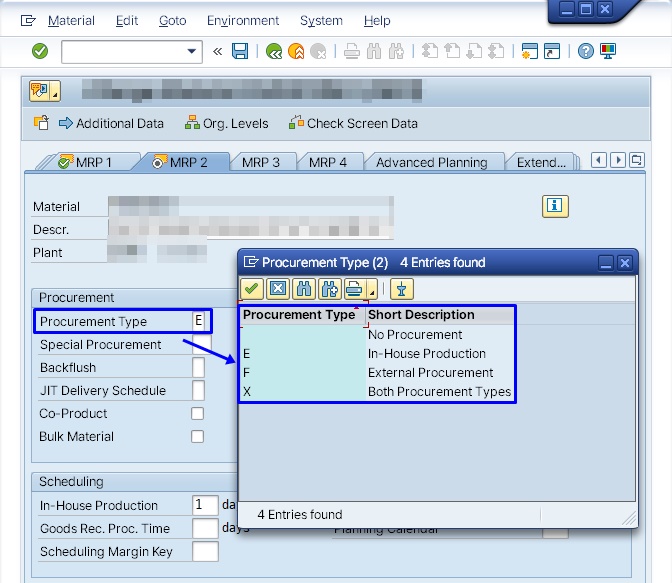 Screen showing the procurement type field on the material master's MRP view