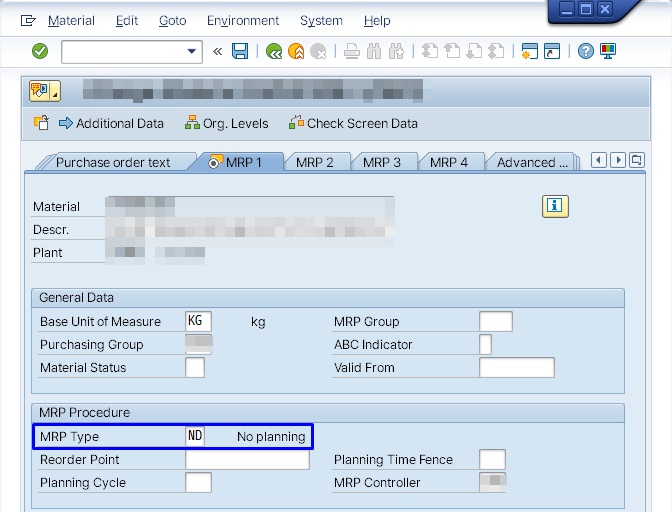 Material master MRP view MRP type dropdown showing the ND no planning entry highlighted