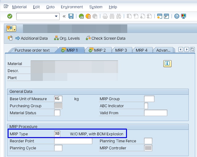 MRP type dropdown showing the X0 no MRP BOM explosion entry