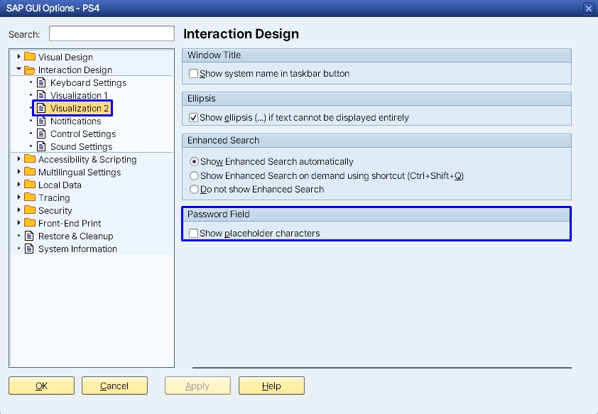 SAP GUI Options window — the "Display Placeholder Characters" checkbox under Interaction Design → Visualization 2
