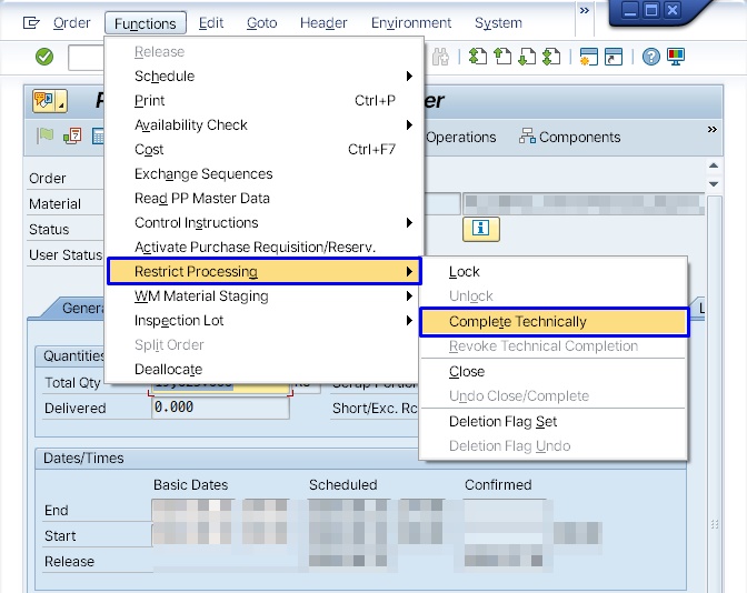 CO02 Functions menu showing Technically Complete and Revoke Technical Completion listed under Restrict Processing