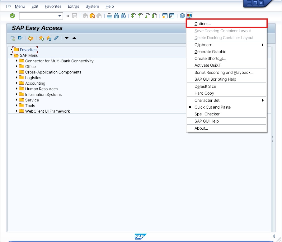 Screen showing the top-left icon in SAP being clicked to open the Options menu