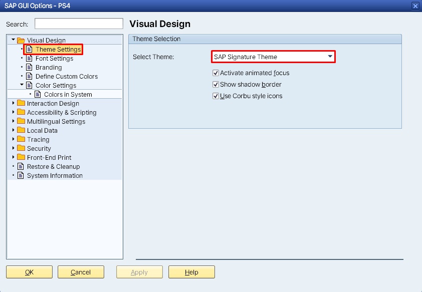 Screen showing "SAP Signature Theme" being selected under Visual Design → Theme Settings