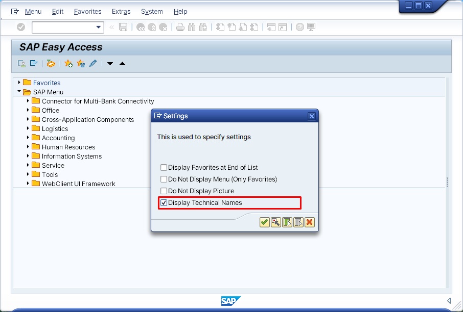 SAP menu showing technical names (T-codes) displayed alongside menu items