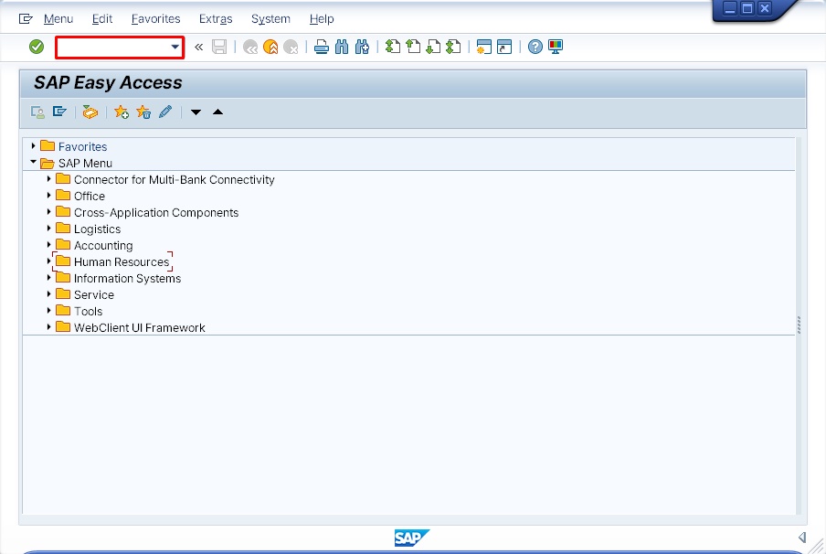 Location of the command field at the top of SAP GUI