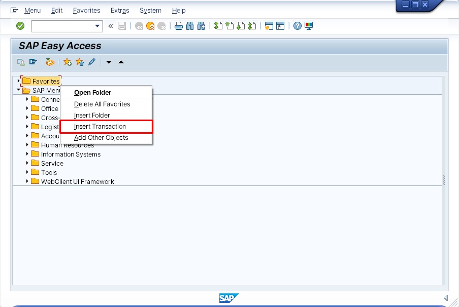 Screen showing a transaction being inserted into the SAP Favorites menu