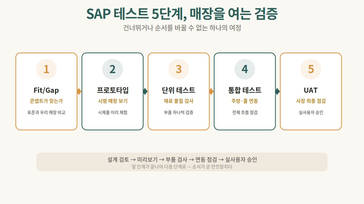 Fit/Gap, 프로토타입, 단위, 통합, UAT로 이어지는 SAP 테스트 5단계 흐름도