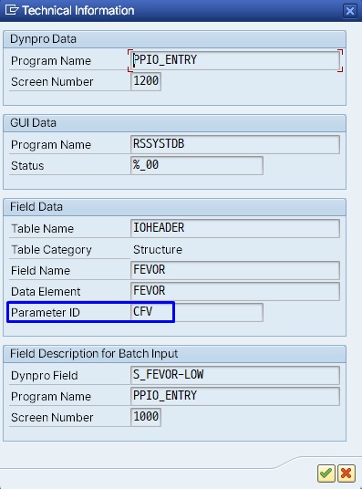 SAP Technical Information popup showing the parameter ID (CFV) under the Field Data section