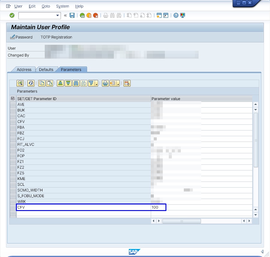 SU3 user profile maintenance Parameters tab — parameter ID CFV registered with value 100